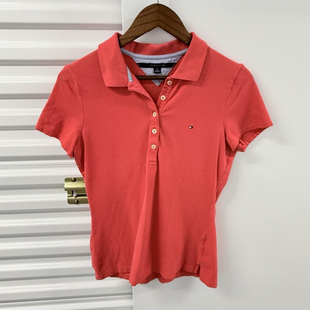 Tommy Hilfiger Womens M Pink Polo Shirt Short Sleeve Flag Logo Preppy